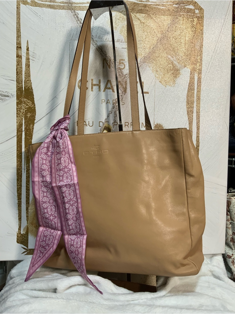 Etro Tan Leather Tote with Pink Scarf Accent